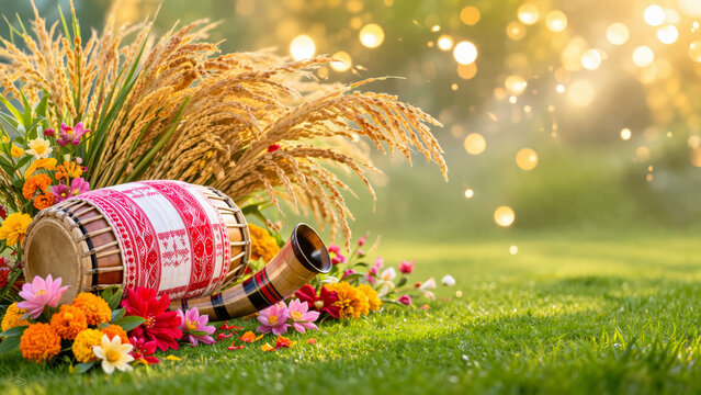 Bihu festival background with traditional dhol drum, pepa horn, japi hat, and wheat on green grass. Sunlit outdoor setting with vibrant flowers and beautiful bokeh lights. Perfect for celebration.