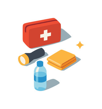 Minimal minimal disaster supply concept with first aid kit flashlight emergency blanket and water bottle loosely arranged seen