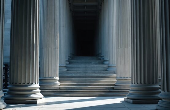 Rows of tall stone columns lead up grand marble stairs towards a dark entrance. This symmetrical facade offers a monumental view of classical architecture. Building exterior, historic structure.