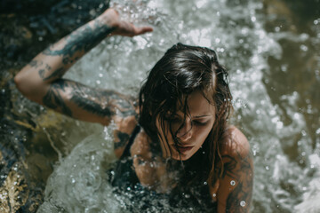 Fototapeta premium Woman with tattoos immersed in water, splashing water with her hand and a serene expression