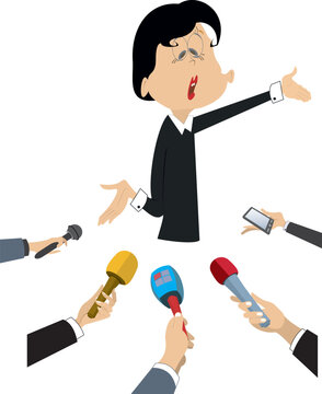 The media. Emotional speech. Hands with microphones