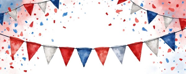 Obraz premium Watercolor illustration with red white blue bunting flags, confetti. Festive party streamers, triangular pennants create celebratory atmosphere. Design elements for holiday events. Dutch national day.