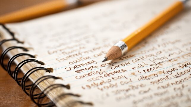 Notebook page with pencil and handwritten crossed out words