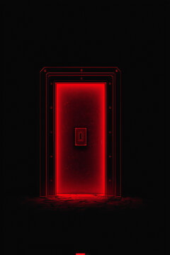 Glowing red door in dark minimal space with strong neon lighting creating mystery tension and futuristic atmosphere ideal for sci fi scenes game design and concept visuals