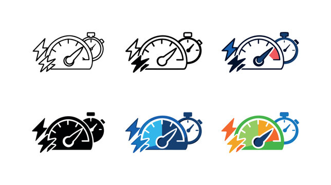 Efficiency boost symbol depicting a speedometer, ascending arrow, electric spark, and timer, expressing rapid performance