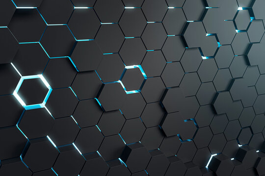 Glowing blue lines on black hexagonal pattern background texture