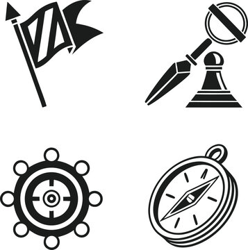 Navigation Icons, Compass, Flag, Ship Wheel, Vintage Style, Black and White, Vector Graphics