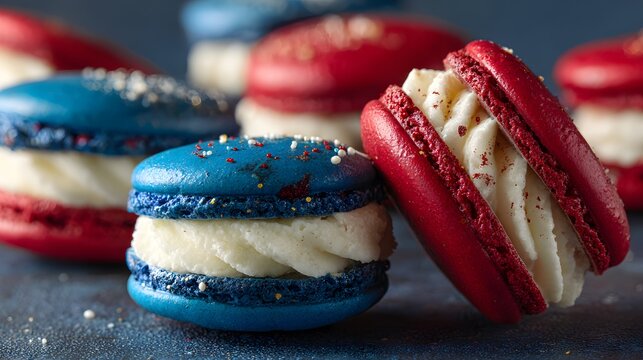 Close-up of red, white, and blue macarons with creamy filling and sprinkles