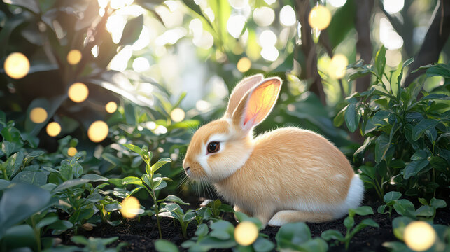 A charming tan bunny rabbit sits peacefully led among lush green foliage, bathed in the gentle glow of dd sunlight on a bright sp day outdoors.