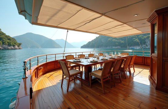 Set dining table on wooden deck of traditional yacht. Guests enjoy sea voyage near green coast. Elegant interior offers comfort and luxury onboard cruise.
