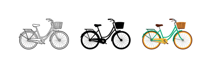 Fototapeta premium Urban sustainability context depicted as a public bicycle with step-through frame, saddle, handlebars, and chain guard shown in