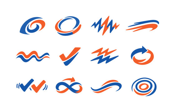 Two-Color vector icons of motion effects: swirl arc, spin ring, shake line, drift streak, wobble curve, tilt mark, flutter line,