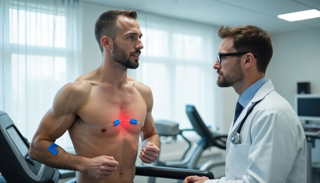 Doctor monitors athlete on treadmill with heart electrodes during stress test. Man runs, doctor checks cardio health. Medical checkup for fitness and performance evaluation.