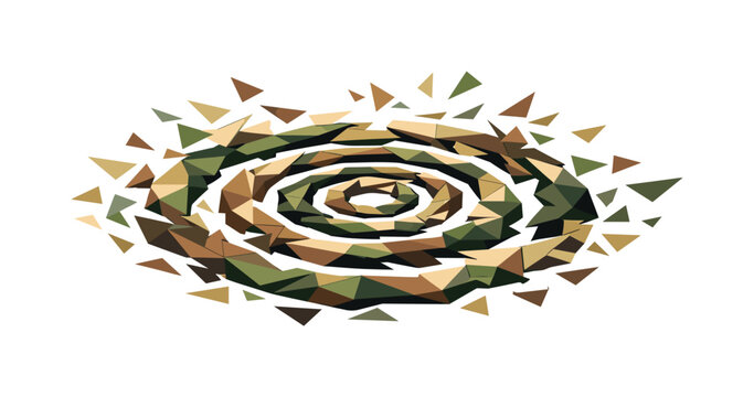 Low-poly vector illustration of distorted ripple waves settling after a glitch burst, angular polygon rings partially fragmented