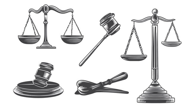 Several grayscale illustrations related to law, featuring scales of justice and judge's gavels