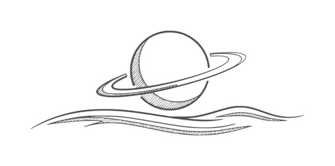 Hand drawn planet with rings above wavy lines Saturn space cosmos © Yaseen Ali