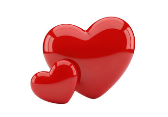 Fototapeta premium Two shiny red hearts, one large and one small, isolated on transparent background