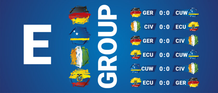 2026 International Soccer Tournament Group E matches Schedule with national flags ribbons on blue background
