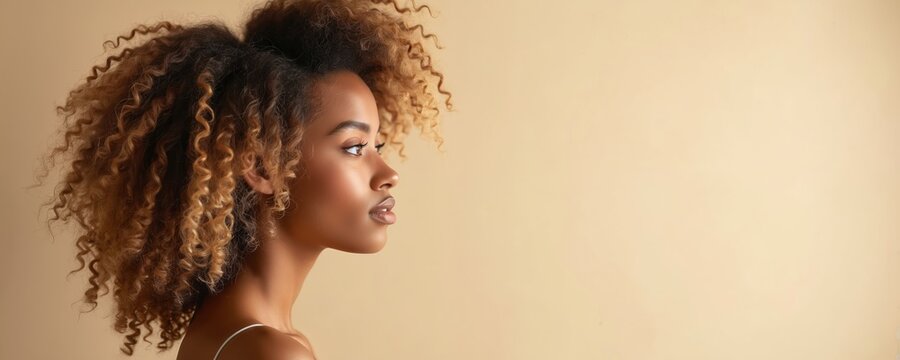 Side profile woman with voluminous, natural coily hair styled outwards. She has light brown skin tone and is on plain neutral background. Her hair is highlighted with blonde tones creating contrast.