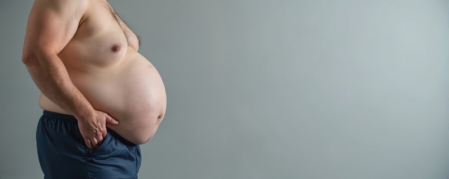 Overweight man side view shows large belly. Unhealthy body shape indicates obesity issues. Male needs diet and exercise for better health. Weight problem concern.