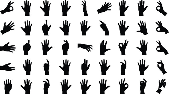 Black silhouette hand gesture icons including open palms, fists, pointing fingers, OK signs illustration design concept