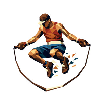 Low-poly vector illustration of a boxer mid-jump, angular limbs extended with rope forming a sharp polygonal arc below, dynamic