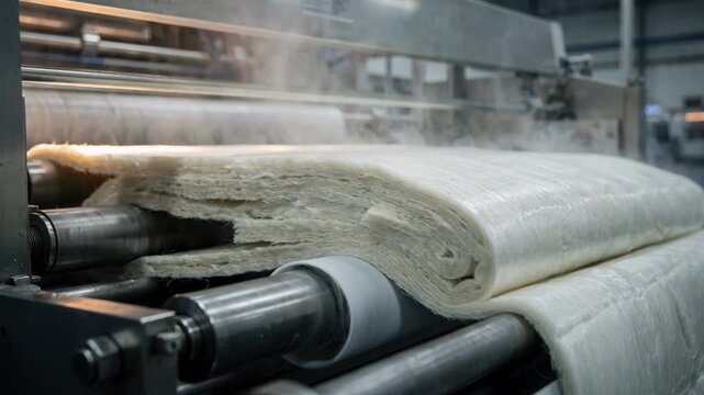 Medium shot highlighting durable glasslike ceramic insulation wool blankets being produced for marine applications to withstand harsh oceanic environments.