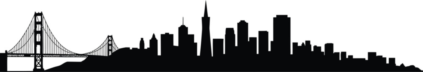 Fototapeta premium Black vector silhouette of San Francisco city skyline panorama with Golden Gate Bridge and skyscrapers isolated on white background