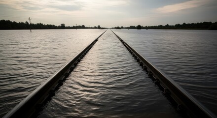 Fototapeta premium Flooded Railway Tracks Submerged Under Water Stretching to Horizon with Trees and Power Lines in Background