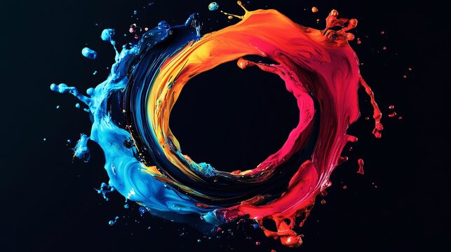 A vibrant circular splash of colorful paint on a dark background