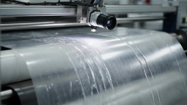 Medium shot showing an inline camera system capturing realtime images of electrode sheets as they move through the production line for defect detection.
