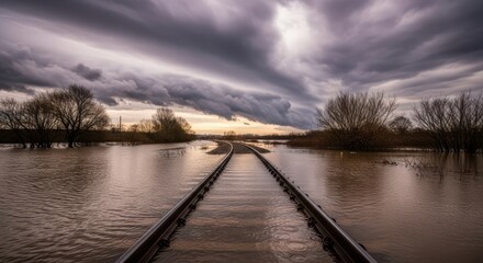 Fototapeta premium Flooded railway tracks curving through submerged landscape under dramatic stormy sky at sunset with bare trees