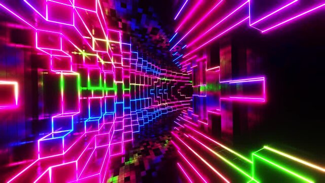 Abstract colorful lines coming out of a cube wall. Infinitely looped animation