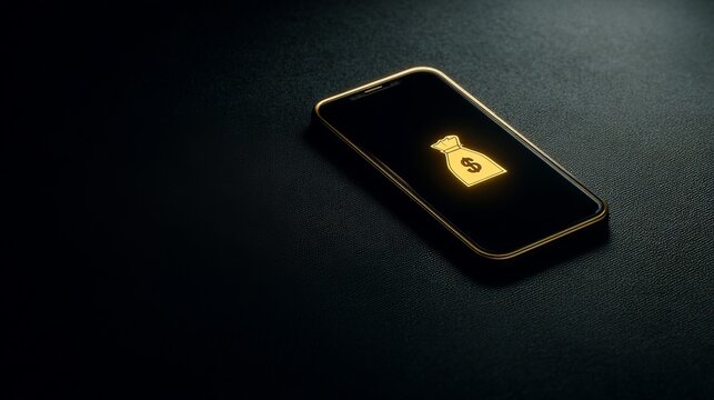 Golden icon of money bag on black smartphone screen. Digital finance technology and mobile banking application concept. Hidden online subscription cost and electronic payment security.