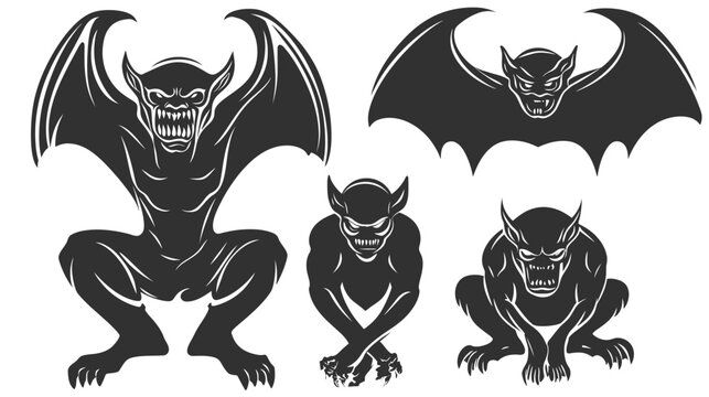 Stylized illustrations of monstrous gargoyles with bat-like wings, various poses on white