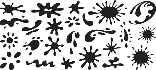 Fototapeta premium Collection of paint splatter icons vector set, ink splash stains silhouettes isolated, abstract liquid blot shapes, grunge design elements pack