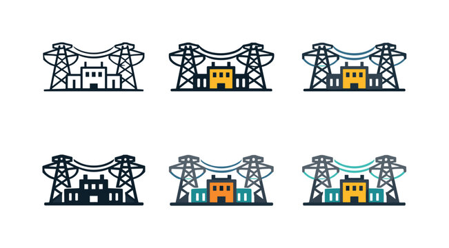 Concept illustrating national power network through a substation structure paired with connected pylons and subtle current flow