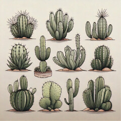 Fototapeta premium Collection of various desert cactus plants in a grid layout.