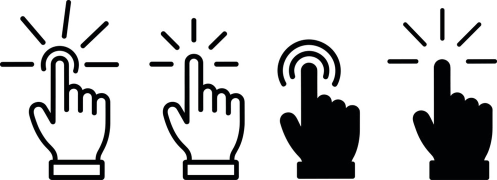 Hand tap and click gesture icons with signal lines, outline and solid styles for mobile interface and web interaction design