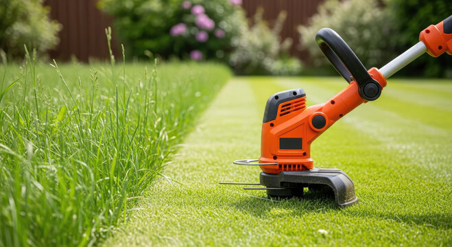 Cordless grass trimmer on a freshly cut, striped lawn in a sunny backyard. Gardening, outdoor maintenance and summer home landscaping.