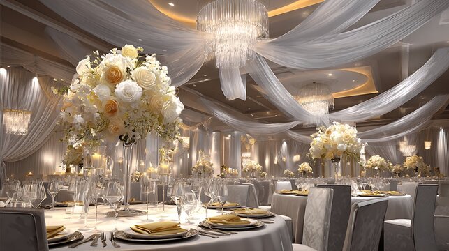 Luxurious wedding or graduation banquet hall decor with white roses, crystal chandeliers and silk drapery.