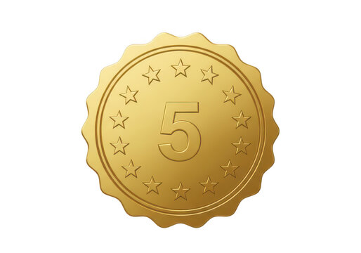 Golden coin with number 5 embossed on it isolated on transparent background