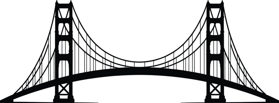 Suspension bridge silhouette isolated on white background, architectural landmark structure transportation connection concept vector illustration detailed engineering design style