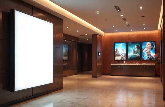 Movie theater lobby interior with empty illuminated advertisement screen. Modern cinema hall with posters and seating area. Customers wait for movie start. Interior design.