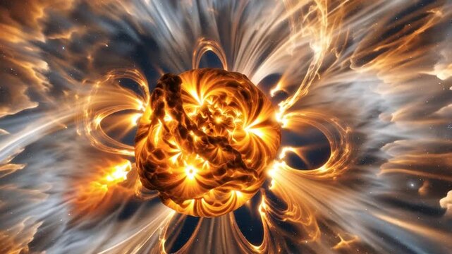 The sun emits intense solar flares and plasma bursts into the dark starry space.