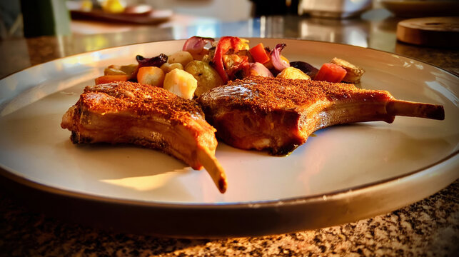 Delicious lamb chops spiced with ras el hanout served with colorful vegetables