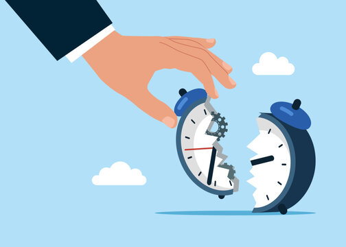 Businessman steal side of the time clock. Work deadline or time management. Flat vector illustration