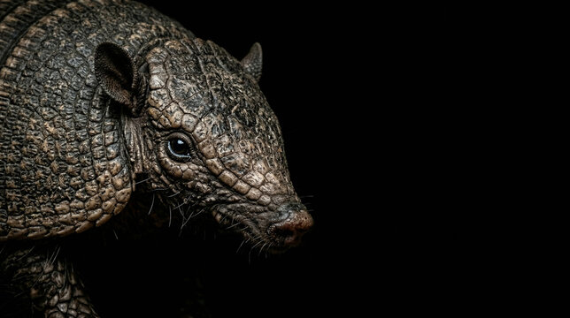 Dramatic close-up portrait of an armored armadillo on black background. High detail rugged scales and textures in low-key lighting. Wildlife photography with copy space