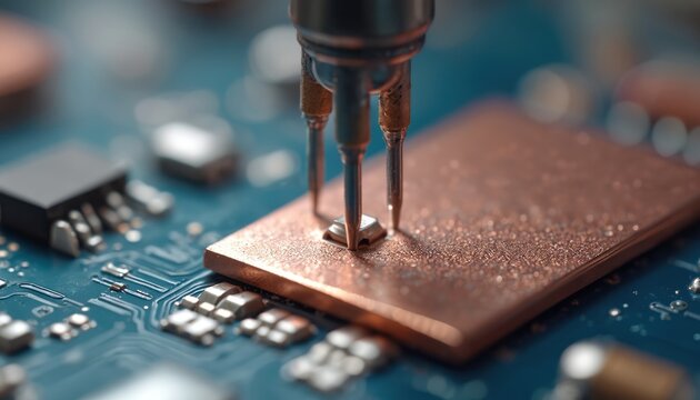 Macro view of robotic arm placing tiny chip on copper circuit board. Tiny probes connect electronic component. High-tech manufacturing process for smart devices.