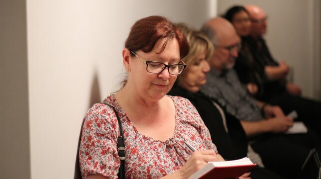 Focused writer jotting notes while others in the room engage in storytelling exercises creating authentic voices for memoirbased stories.